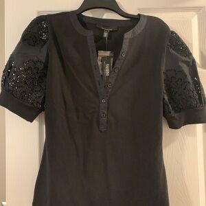White House Black Market Black Blouse with Lace Sleeves